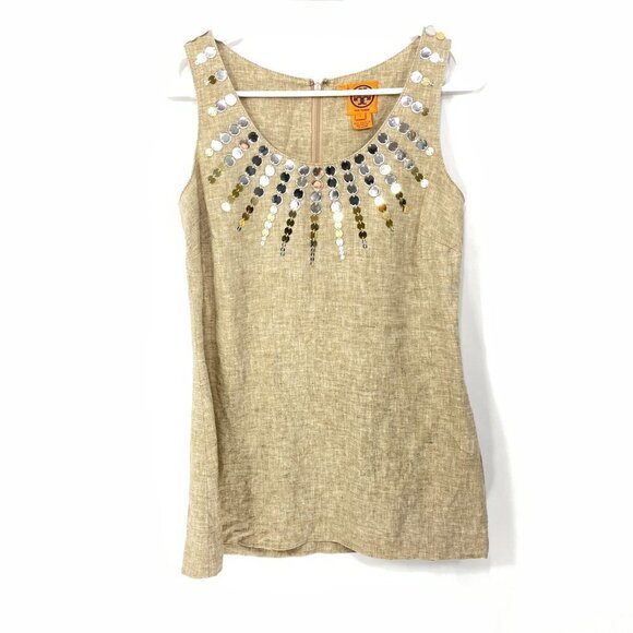 Tory Burch 100% Linen Size 2 Tan Embellished Sleeveless Blouse Top - Picture 5 of 6